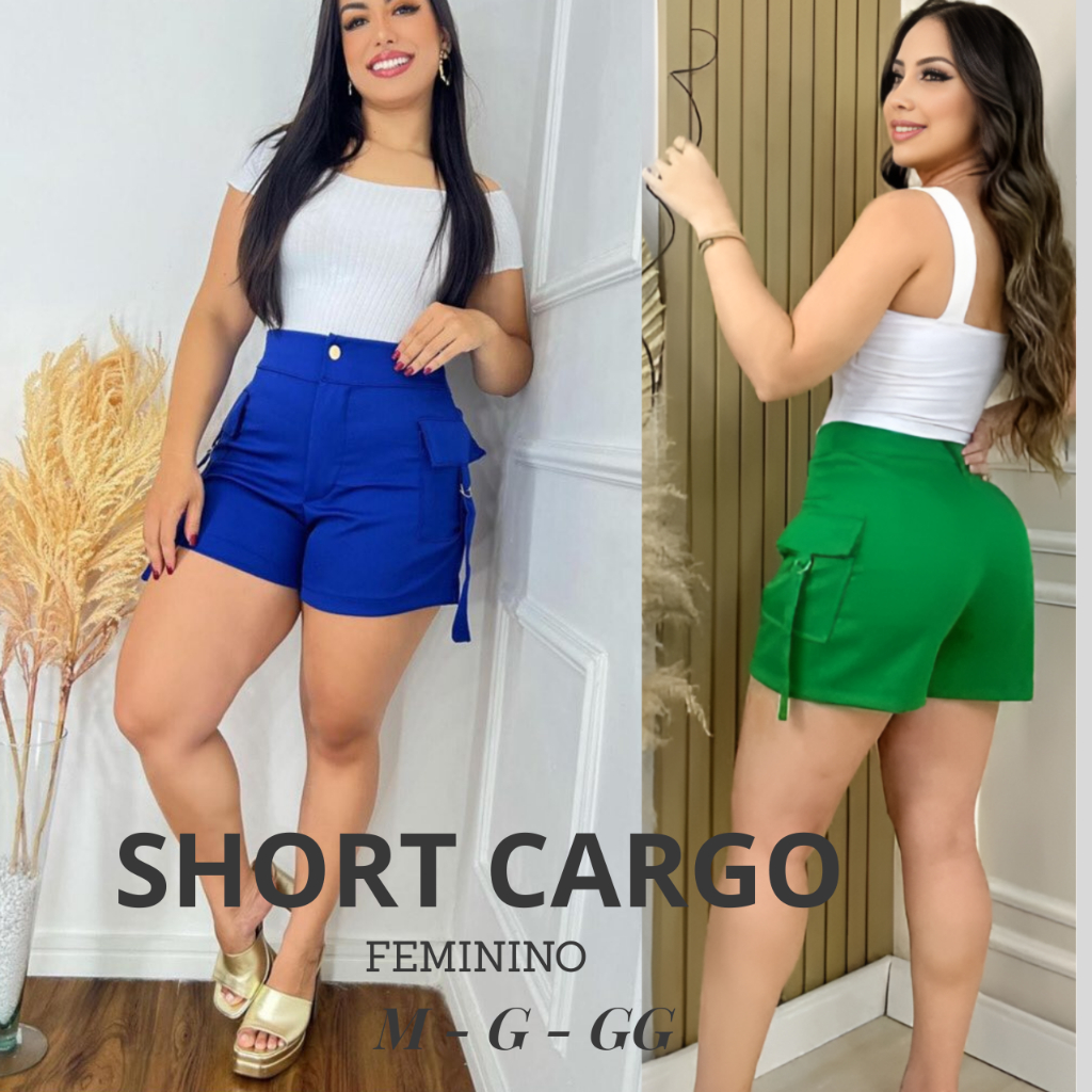 Short Cargo Alfaiataria Feminino Bolso Lateral Cintura Alta - Verão ...