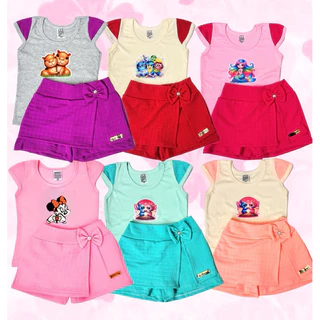 Conjunto Infantil Blusa e SHORT saia Estampa aleatoria Menina – Moda Verão Roupa Infantil Estilo Princesa Confortável