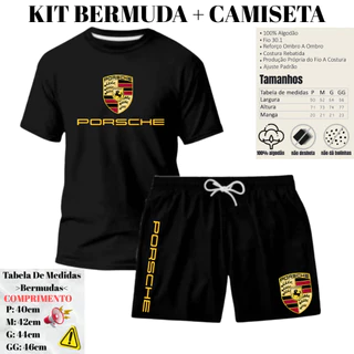 Kit Conjunto Masculino Premium Porsche Camiseta Algodão + Bermuda Tactel P ao GG Short Preto Branco