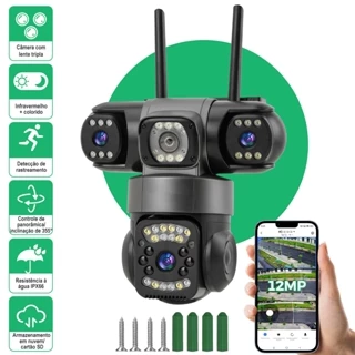Câmera Tripla Inteligente 360° Wifi 4k Ultra Interna Externa Preto