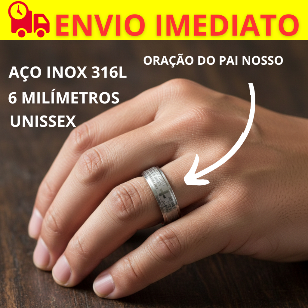 Anel Aliança Aço Inoxidável Oração do Pai Nosso Gravado Alto Relevo ...