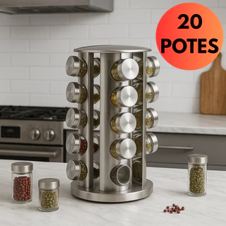 PORTA TEMPERO COM 20 POTES VIDRO SUPORTE GIRATORIO INOX CONDIMENTOS REDONDO