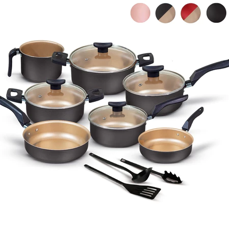 Jogo de panelas antiaderente 10 peças kit conjunto teflon várias cores com tampa de vidro