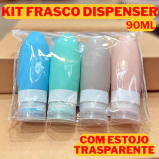 Kit Frascos Dispenser 90ml Silicone Flexível Com Estojo Transparente Ideal Para Viagens em Oferta na Shopee