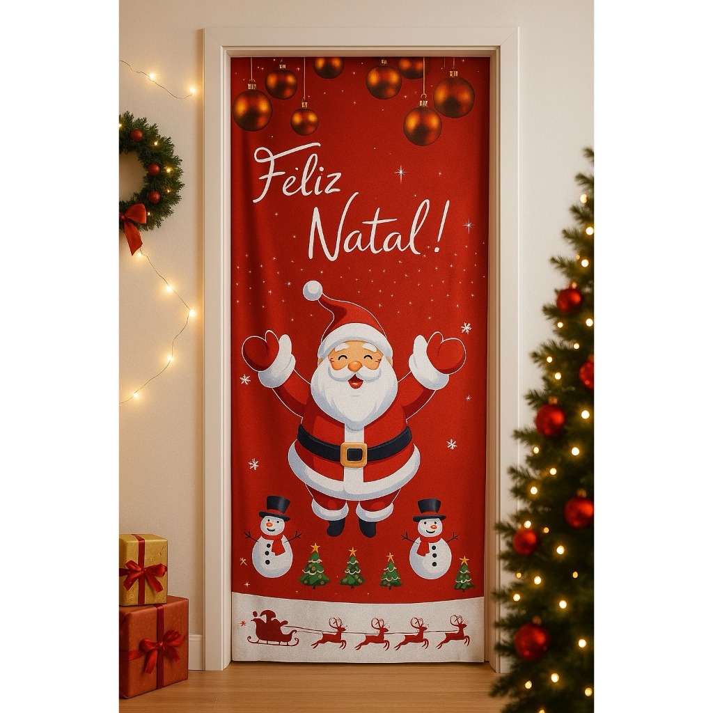 Capa De Porta Decorativa Personalizada Tema Feliz Natal 0,85x2,10 Natalino