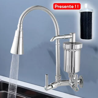 Torneira Com Filtro Gourmet Flexível Cozinha Parede C/ Ducha 2 Jatos 1/4 De Volta Com Refil