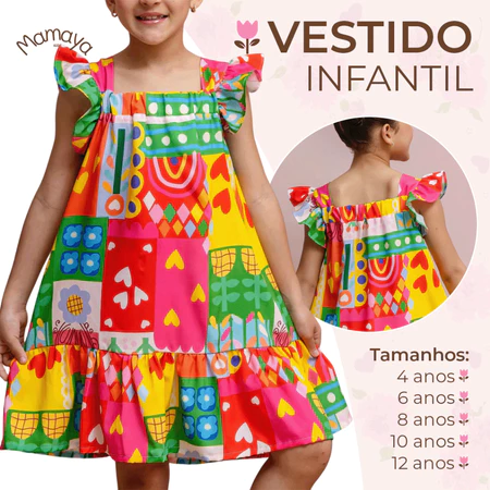 Vestido infantil estampado colorido toque acetinado