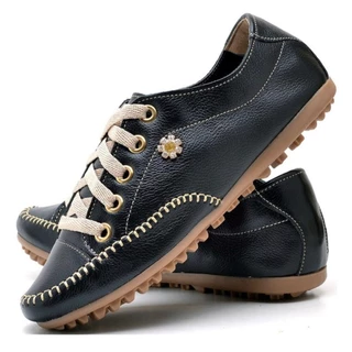 Sapatenis Confort Feminino em Couro Legitimo - Tênis Casual muito leve - mocassim com pingente Flor