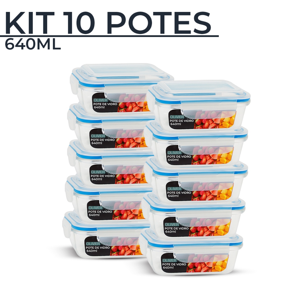 Kit 10 Potes de Vidro 640ml Hermético Marmita Fit com Tampa 4 Travas - OliverHome