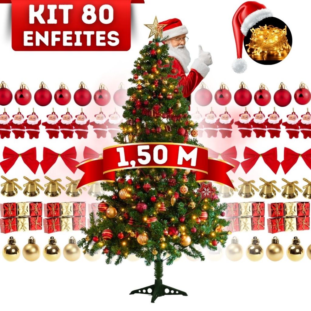 Árvore Natal Pinheiro Premium 150 cm m 220 GALHOS Enfeitada Decorada Luxo Kit Completa Enfeites