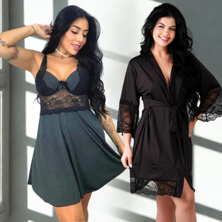 Kit Camisola com Bojo Alça Regulável + Robe Renda Luxo Lingerie Hobby Lua De Mel Noiva em Oferta na Shopee