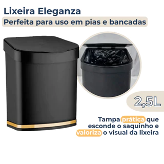 Lixeira de Pia Bancada Compacta 2,5 Litros Com Tampa Esconde Sacola Cesto De Lixo Preto Com Dourado em Oferta na Shopee