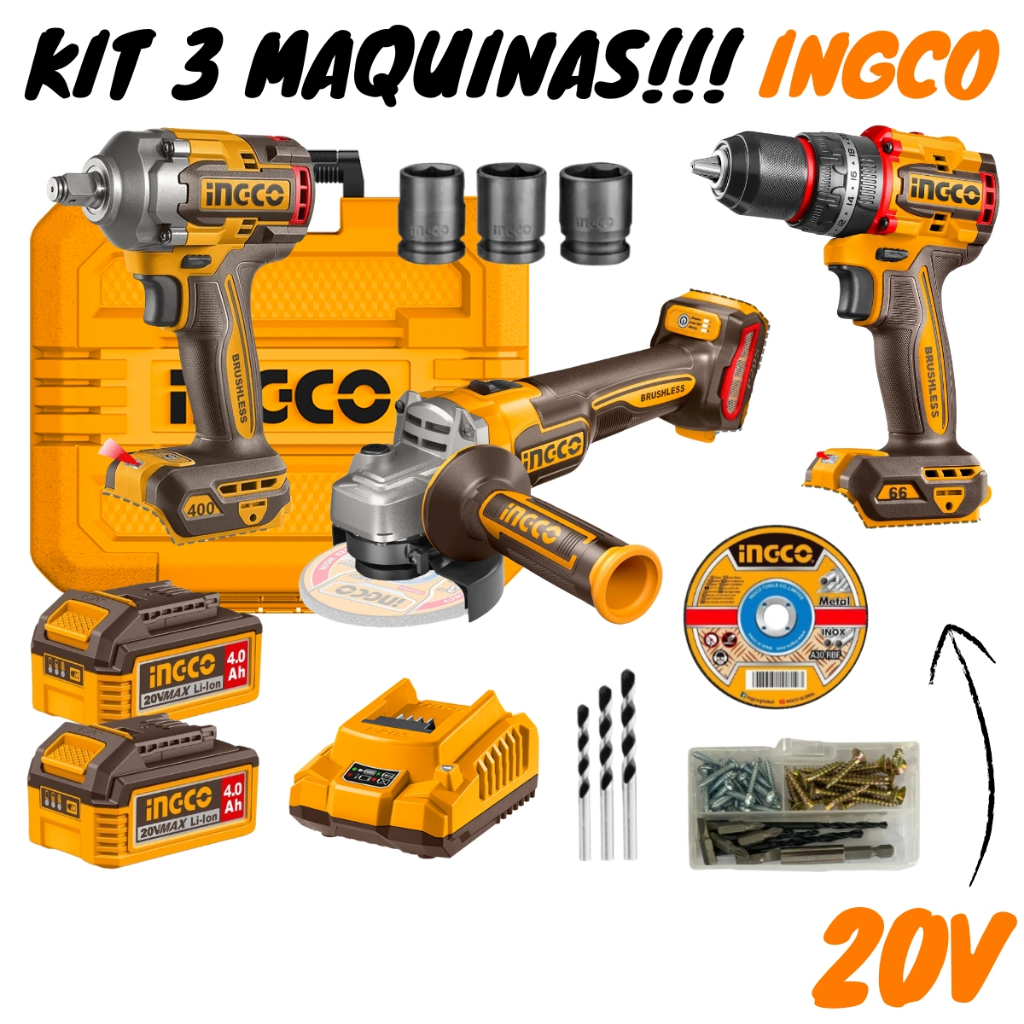 Kit Parafusadeira + Esmerilhadeira + Chave Impacto 20v (COSLI241291-9) Ingco
