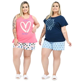 Kit 2 Conjuntos Pijama Feminino Plus Size Modelo Manga e Regata Curve Curve+ de Algodão Envio Imediato em Oferta na Shopee