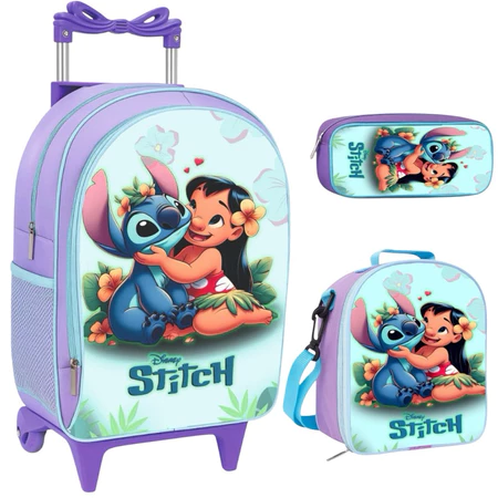 Kit escolar Mochila Infantil Rodinha Feminina Lilo e Stitch Escolar + Lancheira Termica + Estojo