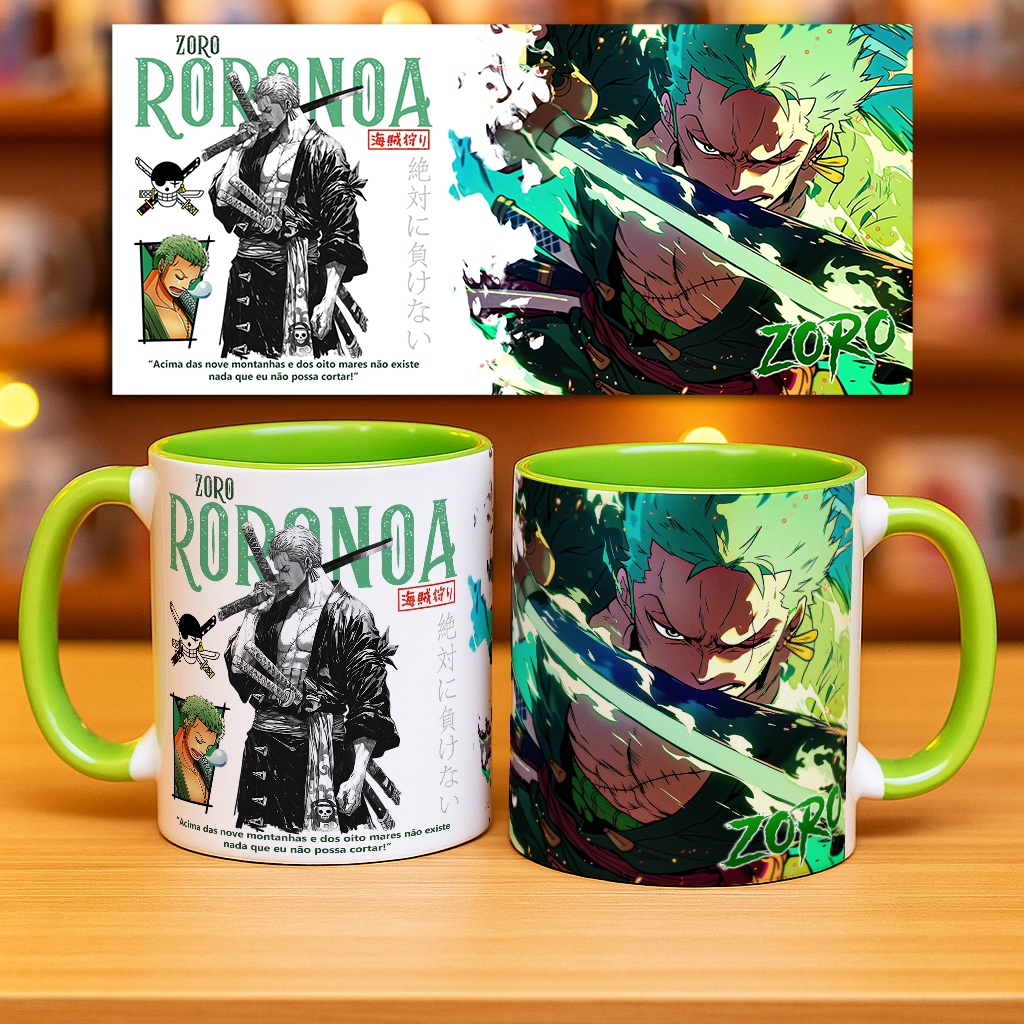 Caneca Verde Zoro Luffy Sanji One Piece Anime Personalizada Alça