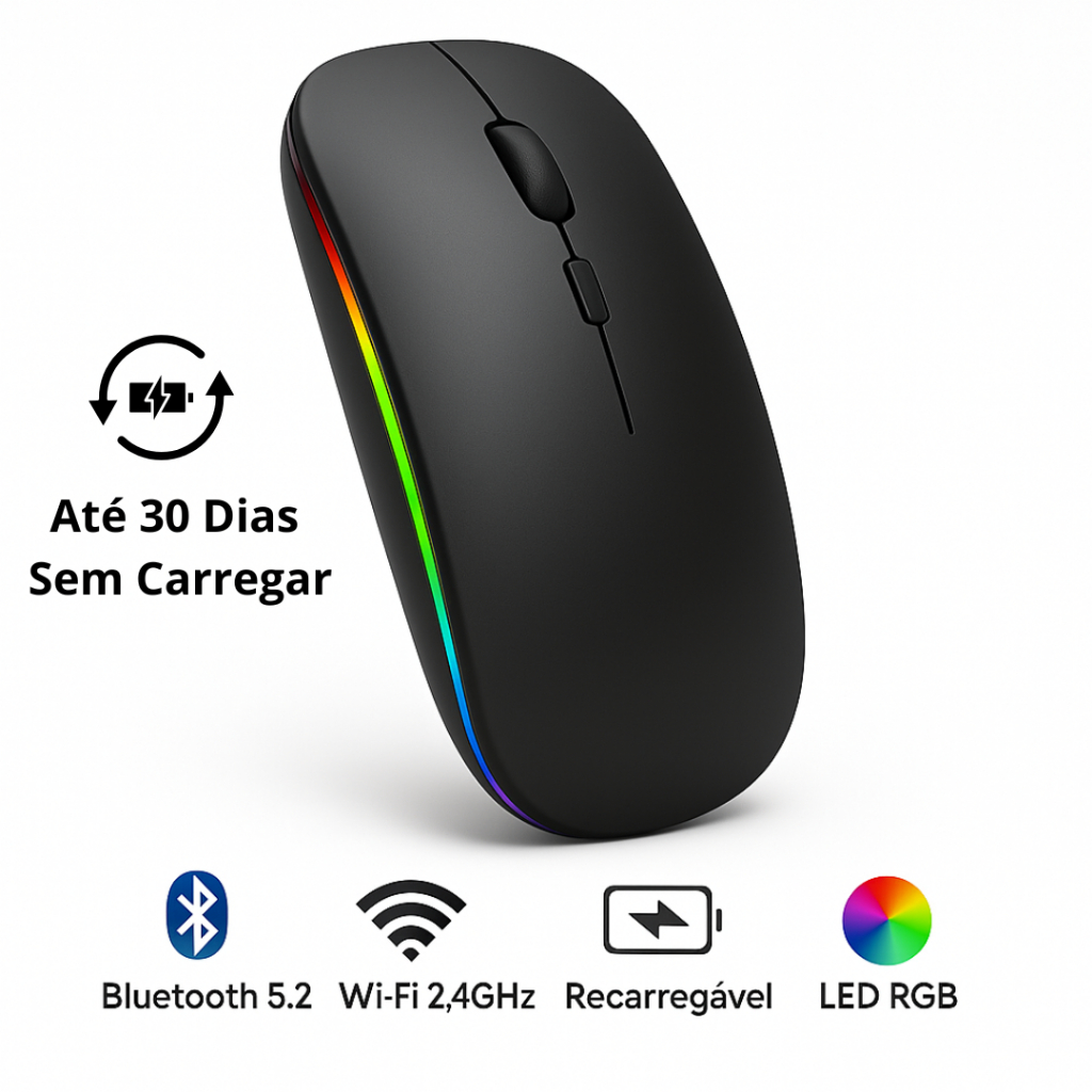 Mouse Sem Fio Recarregável Wireless Wifi e Bluetooth 5.2 Led Rgb ...