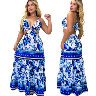 Vestido Longo feminino De Argola Decotado Modelo Alcinha Tendência floral com abertura lateral em Oferta na Shopee