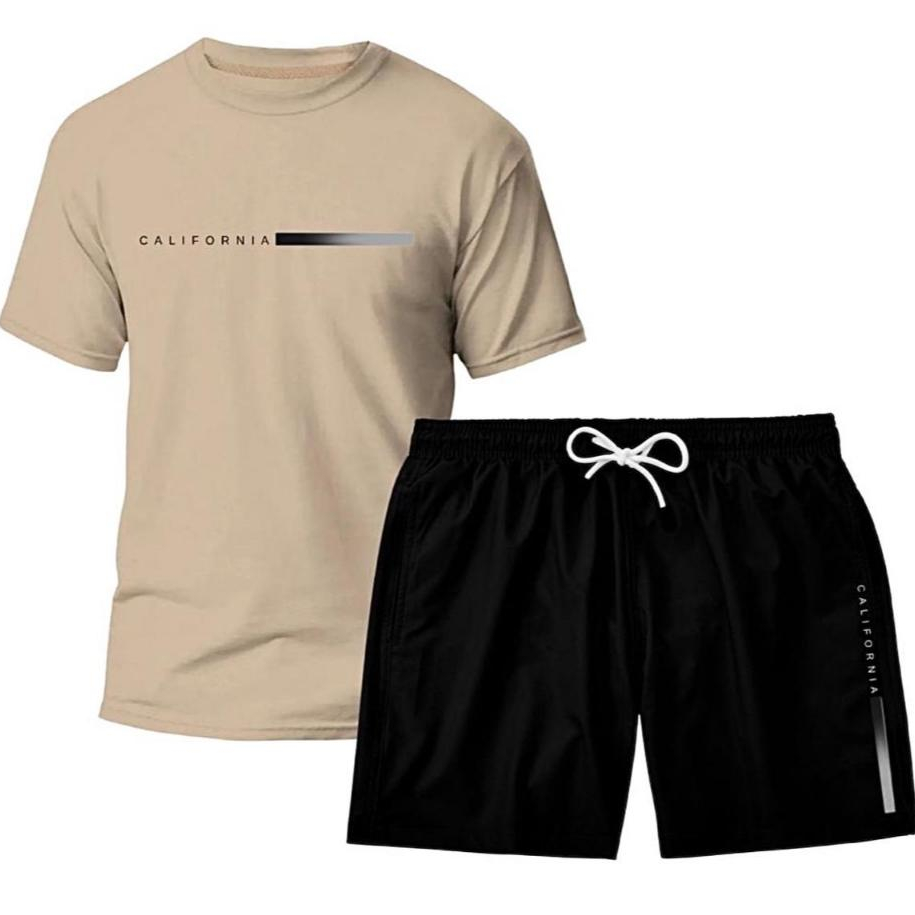 Kit Camiseta Algodão Masculina California e Short Tactel Estampado Verão Promoção