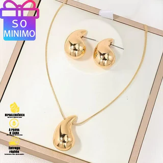 Joias Femininas de Luxo: Colar e Brincos com Design Gota de Água Banhado a Ouro