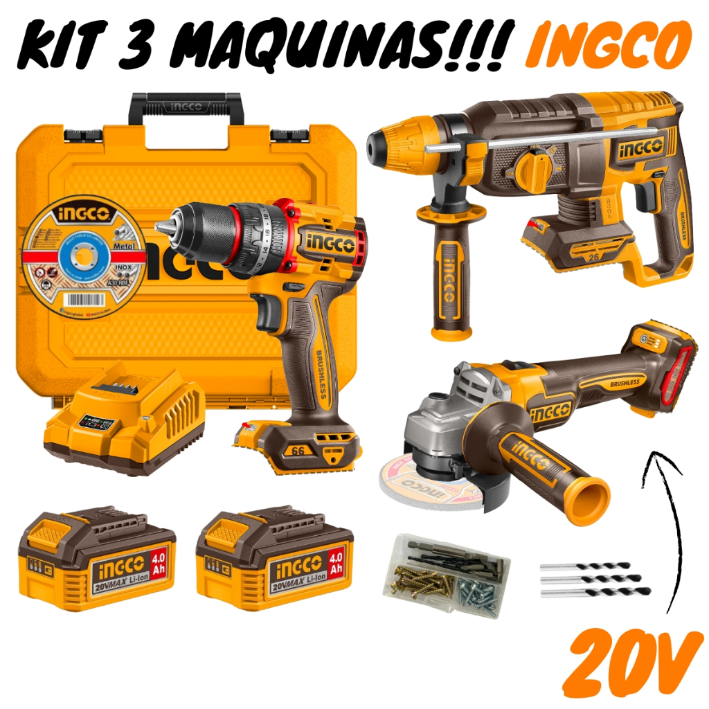 Kit Combo Parafusadeira + Esmerilhadeira + Martelete SdS Plus 20v (COSLI241198-9) Ingco