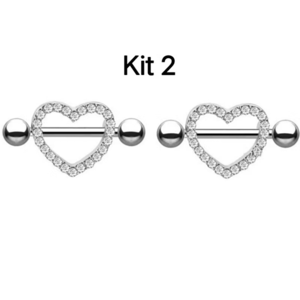 Kit 2 Piercing Mamilo Modelos Coração Cravejado com strass