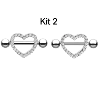 Kit 2 Piercing Mamilo Modelos Coração Cravejado com strass
