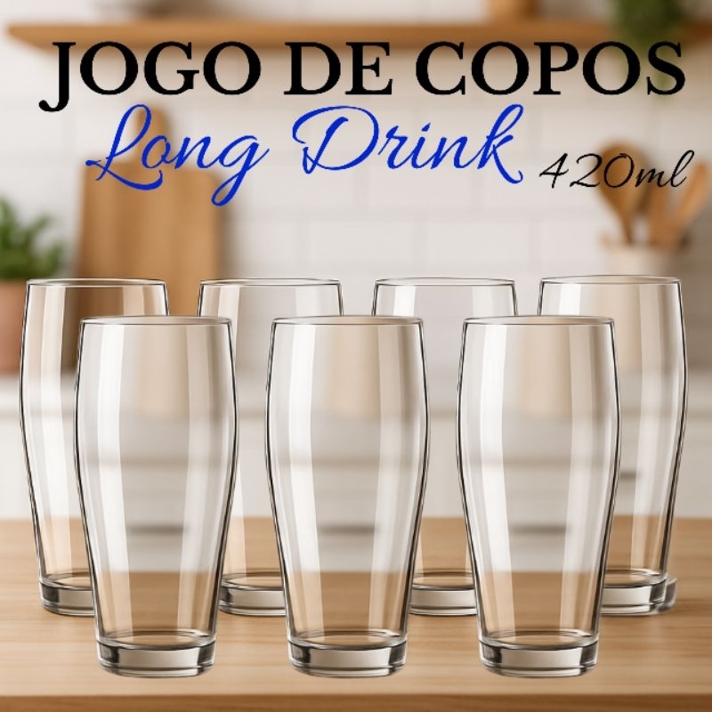 Jogo de 12 copos de vidro grande Long Drink 420ml kit 12 Unidades ...