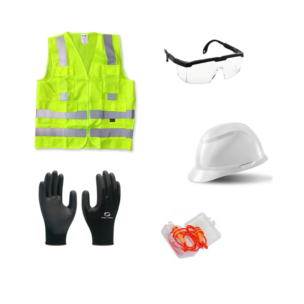 Kit Obras Epi Colete Refletivo Com Bolsos Luva Capacete Óculos Protetor Auricular Epi Proteção