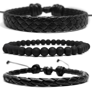 Pulseiras Masculinas de Couro Ajustável Bolinha Preta Fosca 6mm