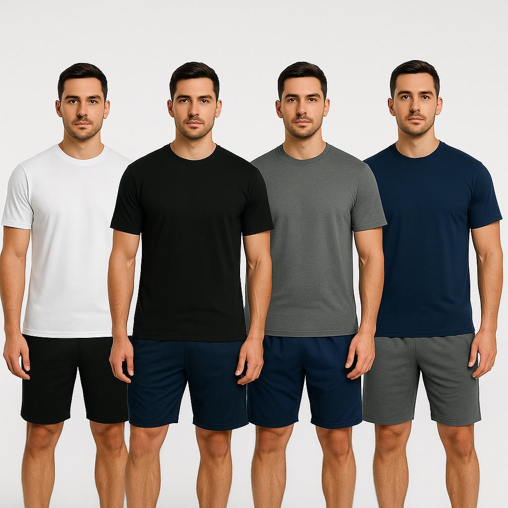 Kit 4 Camisetas + 4 Bermudas Básica Lisa Conjunto Esporte Academia Leve