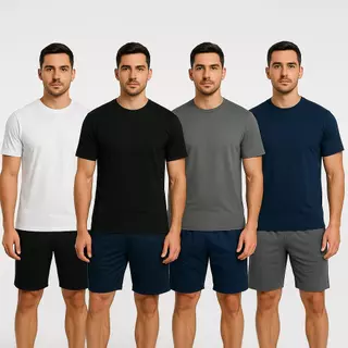 Kit 4 Camisetas + 4 Bermudas Básica Lisa Conjunto Esporte Academia Leve