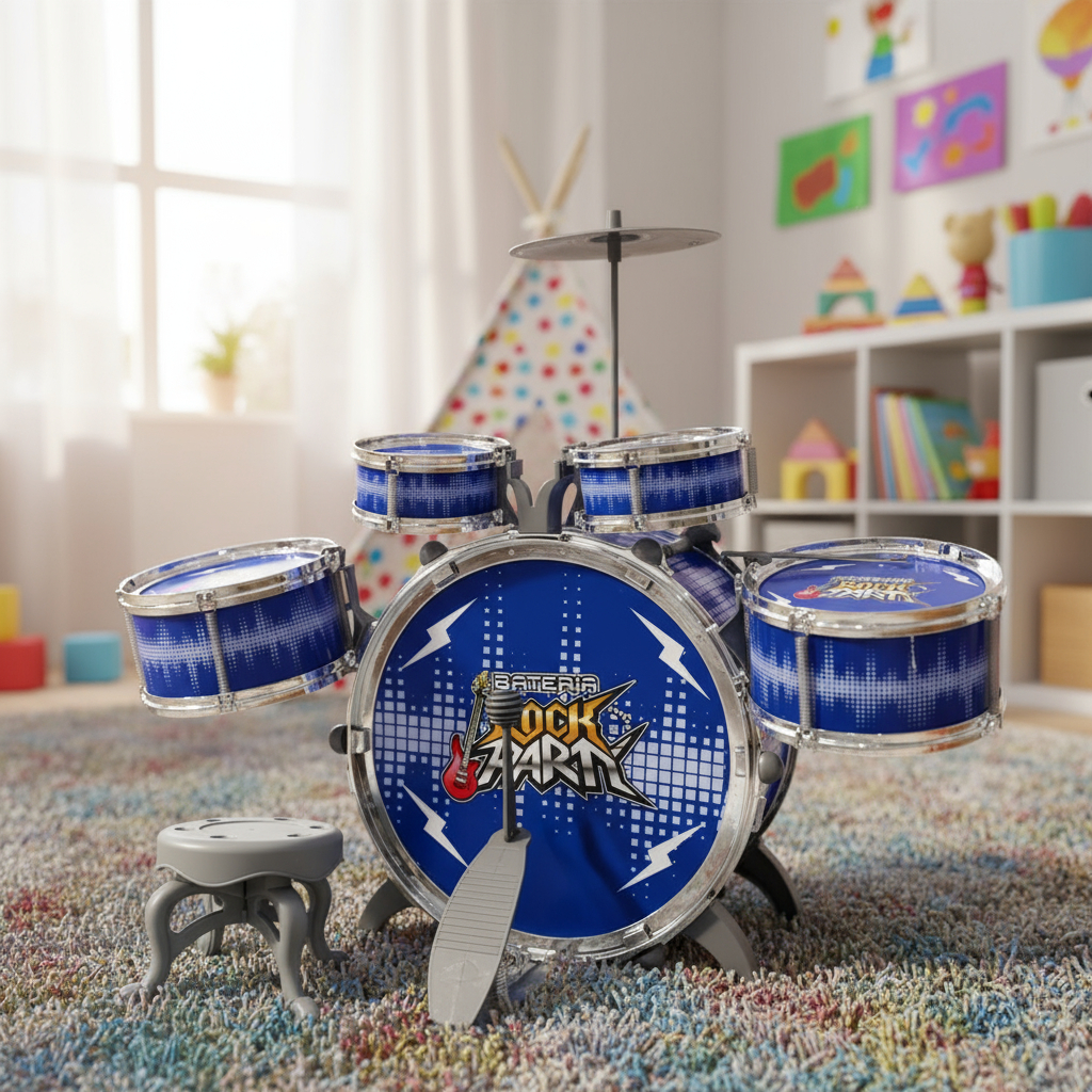 Bateria Para Criança Musical Infantil Com Pedal E Banco Rock | Shopee ...