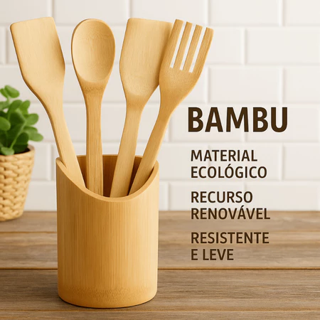 Kit utensílios de bambu 5 peças cozinha colher de pau, espatula com base