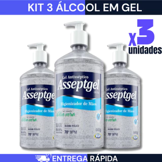 KIT 3 Álcool em Gel Antisseptico Asseptgel 420g Cristal Hidratante Aloe Vera Válvula Pump 70%INPM