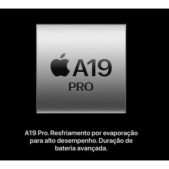 Placa metálica com o logo da Apple e a inscrição A19 Pro destacando o novo chip