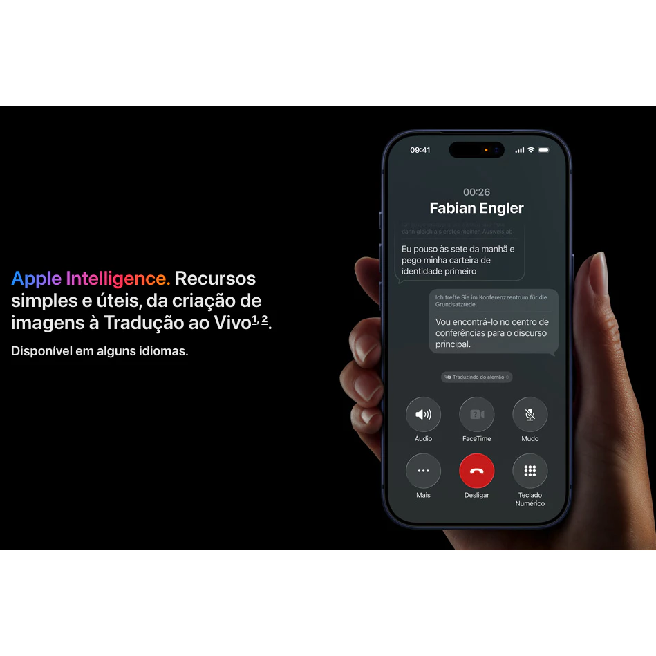 Smartphone mostrando a interface de chamada com recursos de tradução ao vivo da Apple Intelligence