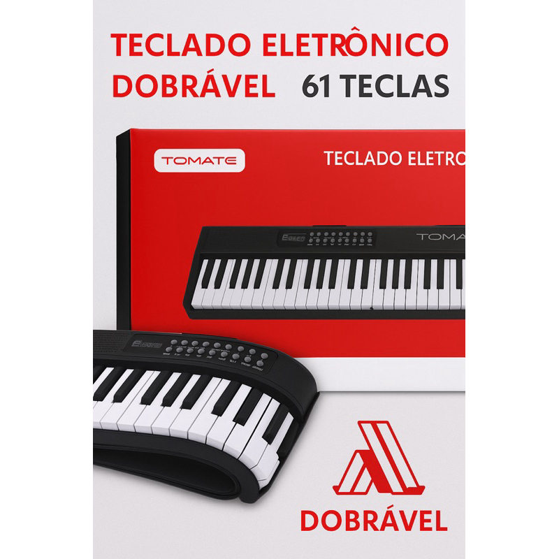 Teclado Eletrônico Dobrável 61 Teclas Tomate Portátil com 200