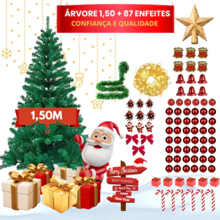 Árvore de Natal Pinheiro 1,50m + 87 Enfeite Decoração Natalina 200 Galhos Pisca-Pisca Promoção