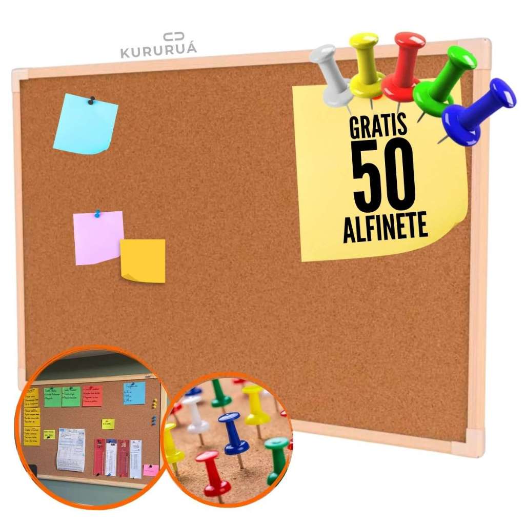 Quadro de Cortiça120x90cm Aviso Lembrete Anotação Estudo 50 Alfinetes
