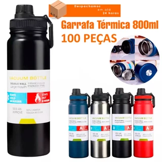 Kit 100 Garrafa Térmica 800ml Inox Aço Inoxidável Para Bebida Gelada e Quente Alça Esportiva