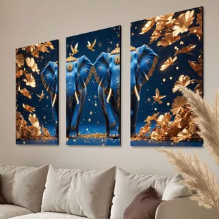 Kit 3 Quadros Arte Abstrata Moderna de Elefante Dourado e Prateado, Sala de Estar Decoração Sabedoria Prosperidade