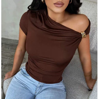 Blusa Feminina Ombro Único Suplex Premium com Fivela Dourada Tendência Verão 2025 Moda Feminina