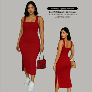 Vestido feminino Longo com fenda lateral canelado ribana premium em Oferta na Shopee