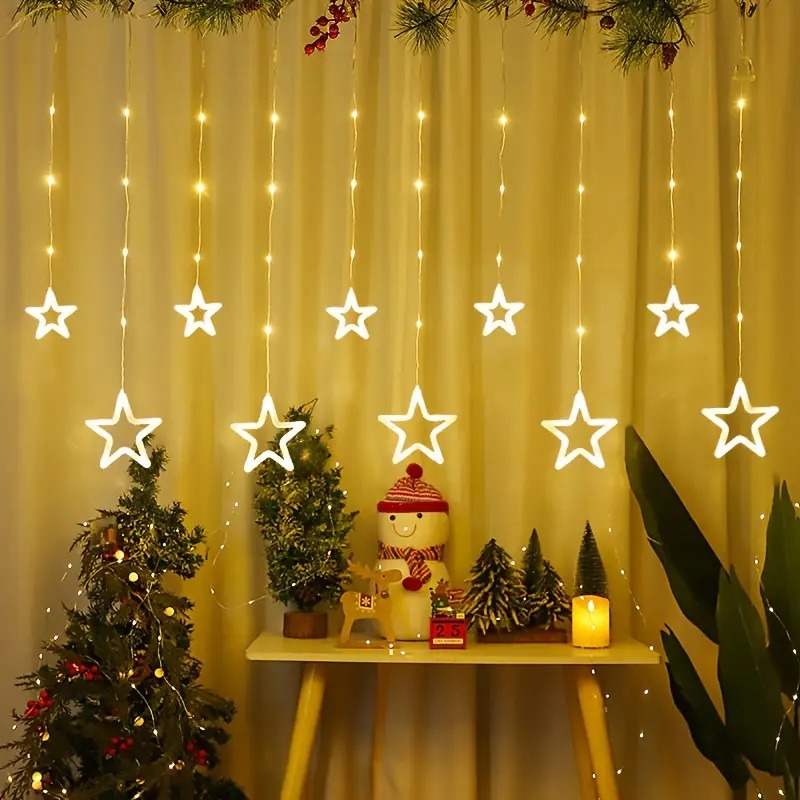Cascata de Natal Estrelas Bivolt Leds com 8 Funções em cores Branco Quente e Pisca Pisca