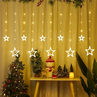 Cascata de Natal Estrelas Bivolt Leds com 8 Funções em cores Branco Quente e Pisca Pisca
