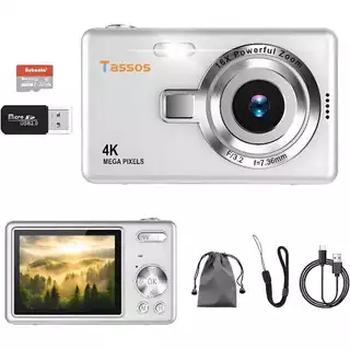 TASSOS Mini Câmera Digital 4K HD-1080p 16X Zoom Compact Point & Shoot Anti Shake Portátil