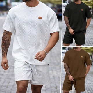 Conjunto de Camiseta Casual de Manga Curta e Gola Redonda com Impressão Letras e Shorts Para Homens