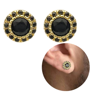 Brinco Masculino Redondo Cravejado Banhado a Ouro 24k Personalizado Pedra Preta em Oferta na Shopee