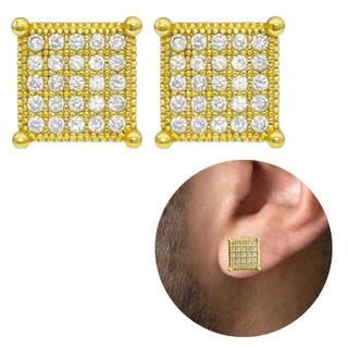 Brinco Masculino Quadrado Cravejado com Brilhantes Banhado a Ouro em Oferta na Shopee